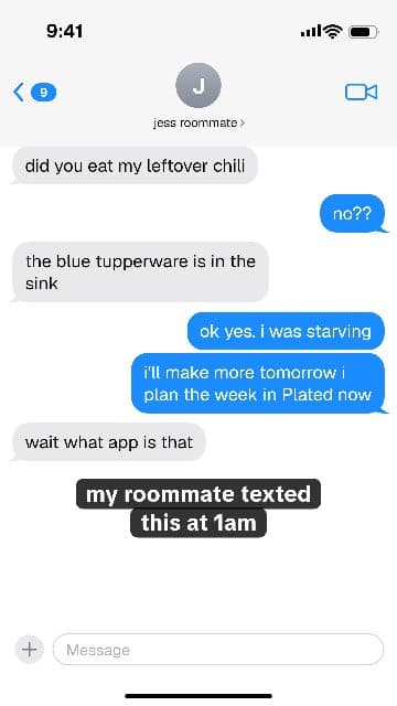A Stratos iMessage-style post between two roommates