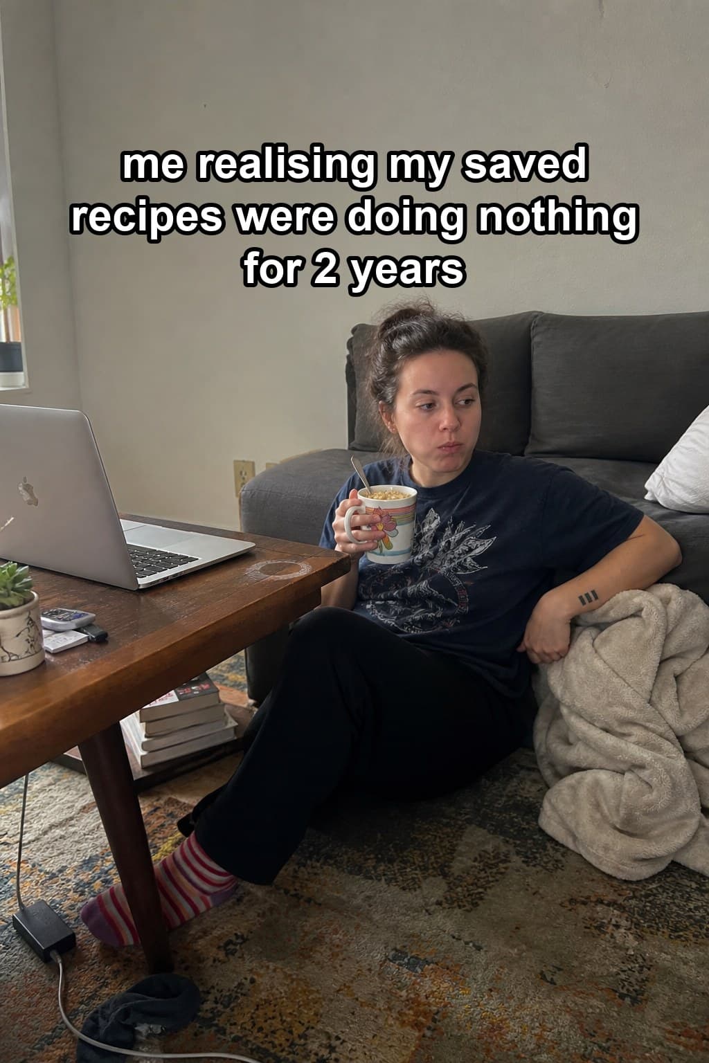 Stratos post: eating cereal from a mug on the living room floor