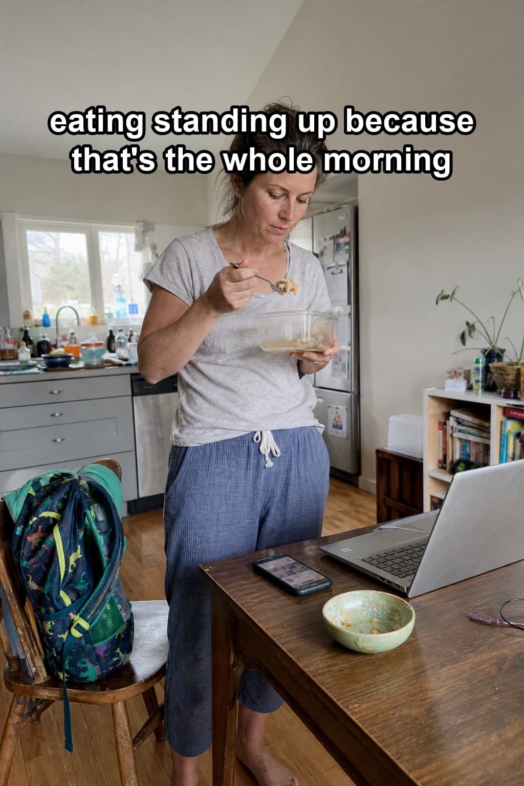 Stratos post: eating standing up at a busy kitchen table in the morning