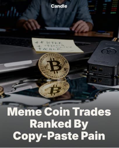 A Candle post of a gold coin on a desk, titled meme coin trades ranked by copy-paste pain