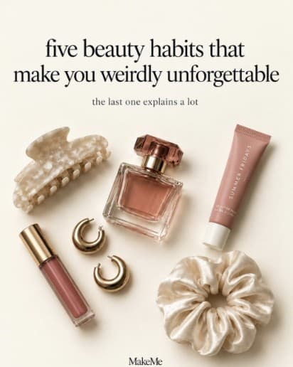 A MakeMe post titled five beauty habits that make you weirdly unforgettable, over a flat lay of perfume and jewellery