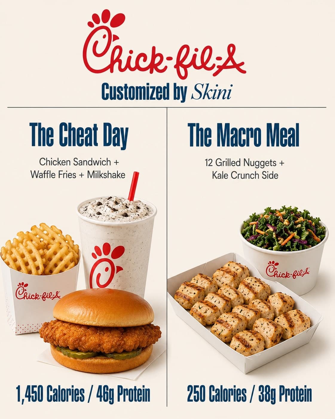 A Skini post comparing a Chick-fil-A cheat day meal at 1,450 calories with a macro meal at 250
