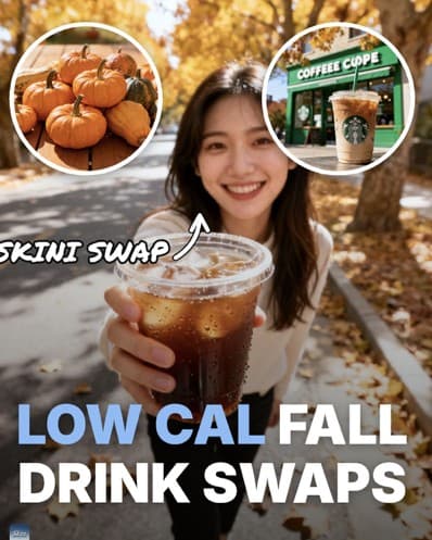 A Skini post of a woman holding an iced drink, titled low cal fall drink swaps