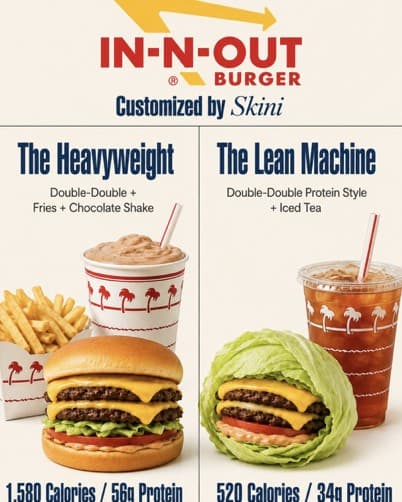 A Skini post comparing two In-N-Out orders, the Heavyweight at 1,580 calories and the Lean Machine at 520