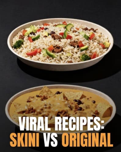 A Skini post of two bowls, titled viral recipes, Skini versus original